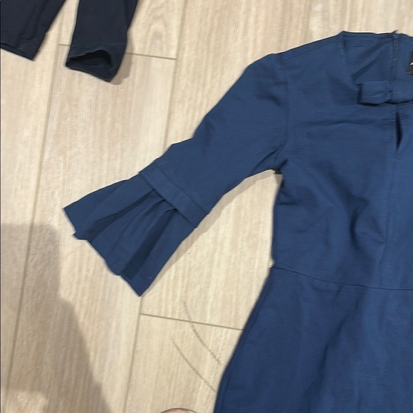 Navy Blue Sheath Dress with Mock Neck and Bell Sleeves for Work - Picture 11 of 12